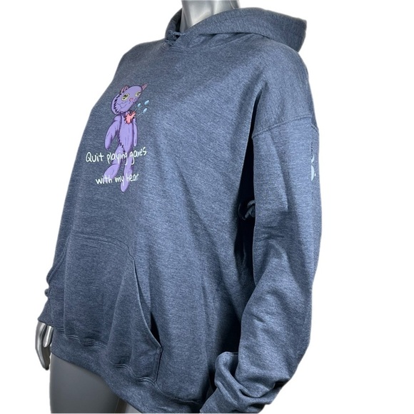 Heather Navy Pullover Hoodie Sweatshirt Voodoo Kitty Doll Quit Playing Graphic - Picture 5 of 9